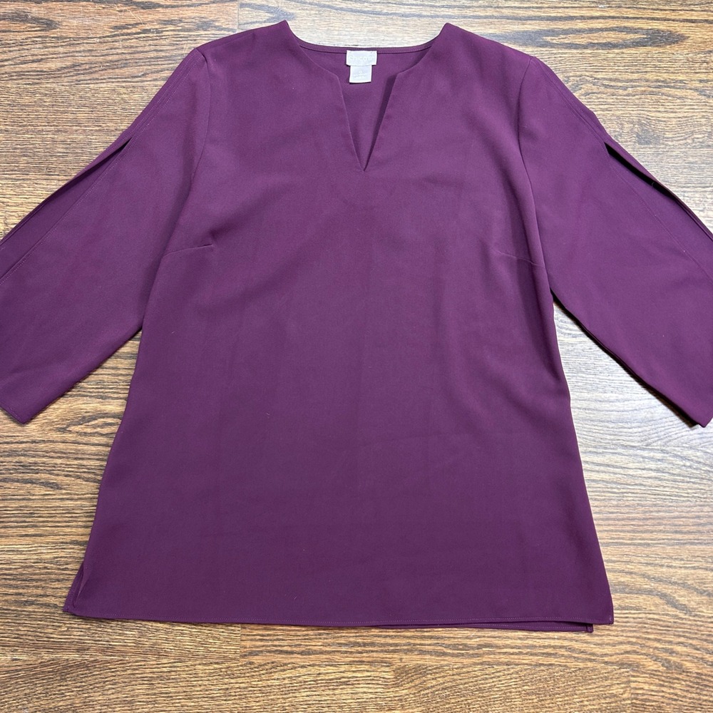 Chicos Blouse Womens 4 | 6 Purple Split Sleeve Tie Cuff V Neck Top Shirt
